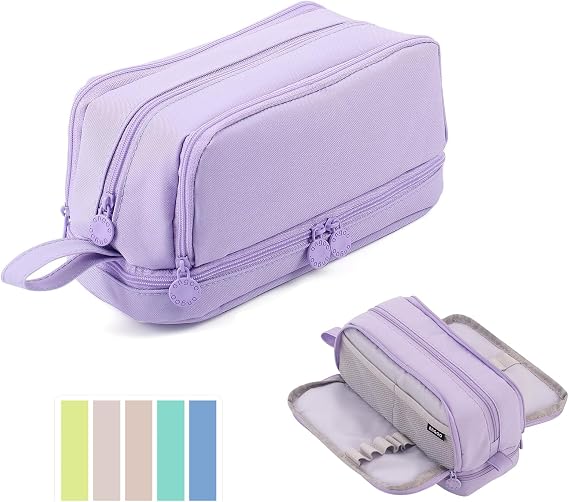 Large Capacity Pencil Case, Pencil Pouch with Sticky Note and 4 Compartments Multifunctional Stationery Organizer for Girls Boys, Office Makeup Bag Portable Pen Bag for Students Women Men (Purple)