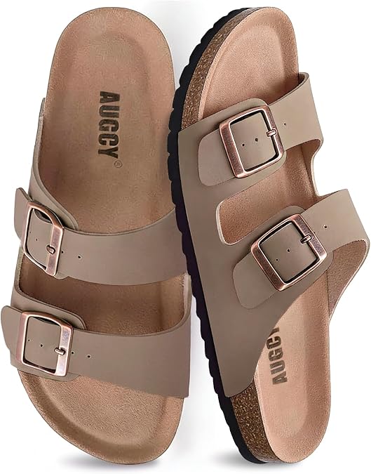 Womens Sandal Cork Footbed Slide, Arch Support Slides for Women with Adjustable Buckle, Comfortable Summer Beach Outdoor Sandals