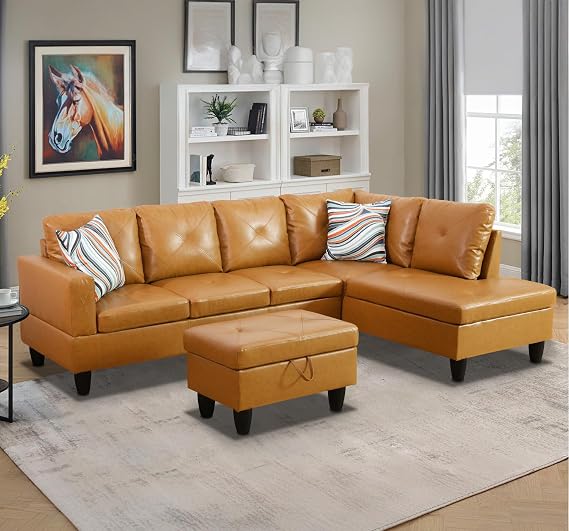 Leather Sectional Sofa Couch,L-Shape Sofa Sectional Couch Set with Storage Ottoman for Living Room/Apartment/Office(Ginger,Facing Right Chaise)