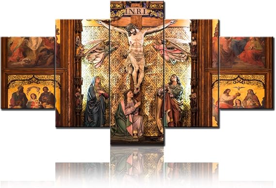 TUMOVO Modern Giclee Canvas Print Artwork 5 Panels Jesus Christ on altar Christian cross Picture Printed on Canvas Wall Art for Home office Wall Decor 5pcs/set Ready to hang(60''Wx32''H)