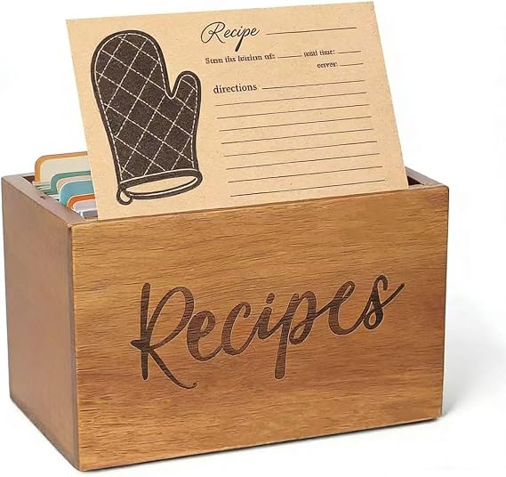 LBEMEY Acacia Wood Recipe Organizer - Farmhouse Recipe Holder Storage Organizer for Kitchen, Family, Wedding