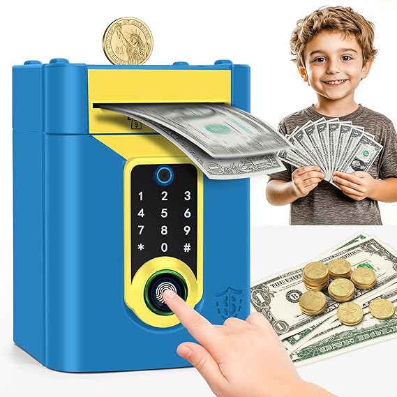 Fingerprint Piggy Bank for Kids, Touchscreen Money Bank Toys for 4 5 6 7 8 9 10 11 12 13 Year Old Boy Kids Gift Ideas, Electronic Money Saving Box for Girl, Birthday Gift for Boy ATM Machine for Kid