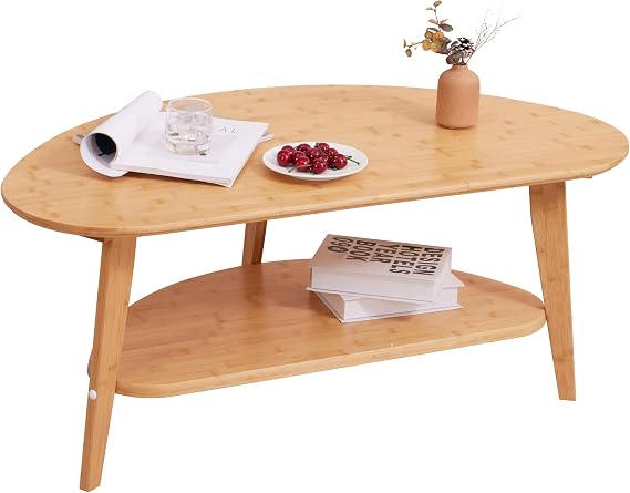 NAVREX Mid Century Modern Oval Coffee Table with Storage Shelf, 100% Solid Bamboo Wood Center Table for Living Room, FSC Certified, 40.2" L x 22" W, Easy Assembly, Nature Finish
