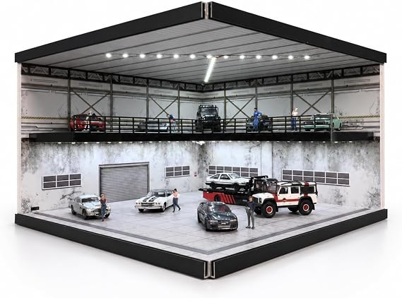1:64 Diorama 2 Tier Garage Display Case 3-Color LED Showroom Parking Lot