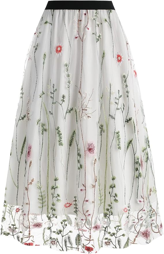 Floral Embroidered Women's Skirts - Vintage Tulle Wedding & Prom A-Line Flower Skirts with Elastic Waist