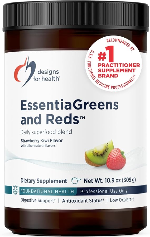Designs for Health EssentiaGreens and Reds (Strawberry Kiwi, 30 Servings), Vegan Superfood Powder with Spirulina, Kale, Apple & More, for Daily Nutrition and Digestive Health