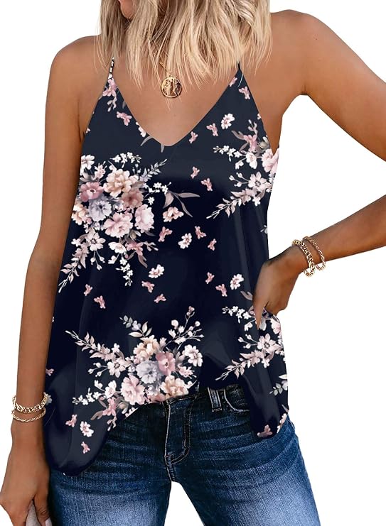SUNAELIA Chiffon Cami V Neck Tank Tops for Women Loose Fit Flowy Spaghetti Strap Camisole Summer Casual Sleeveless Shirts
