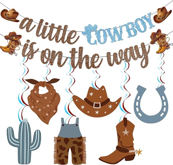 A Little Cowboy Is On The Way Banner Cowboy Baby Shower Decorations Western Baby Shower Decorations with Cowboy Decorations Hanging Swirls Cowboy Party Decorations for Baby Boy Shower Decorations
