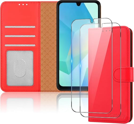 iCatchy for Samsung Galaxy A16 Case with 2 HD Screen Protector Tempered Glass Leather Wallet Book Stand View Magnetic Protect RFID Blocking Shockproof Phone Cover for Samsung A16 (Red)