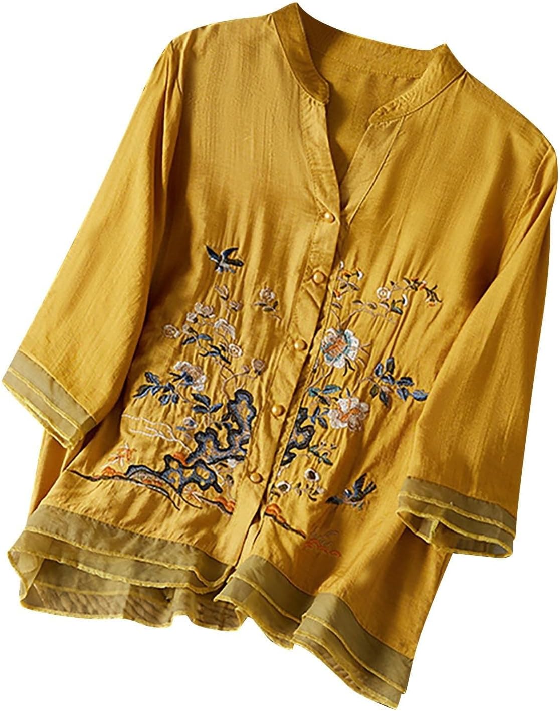 34 Sleeve Cotton Linen Shirts for Women 2025 Summer Retro Embroidered Boho Tops Dressy Casual Trendy Vacation Blouse