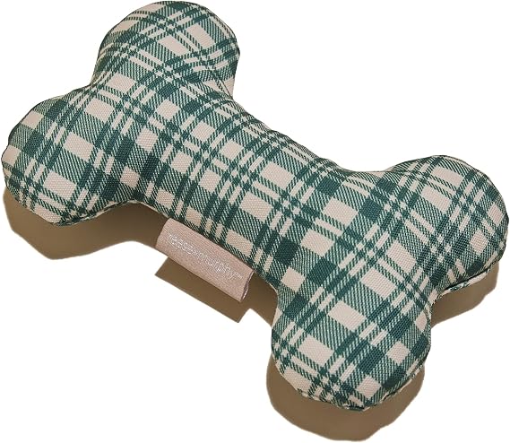Plaid Green Bone Shaped Plush Dog Toy 8" - Squeaky Puppy Toys & Plush Toys for Medium and Large Dogs