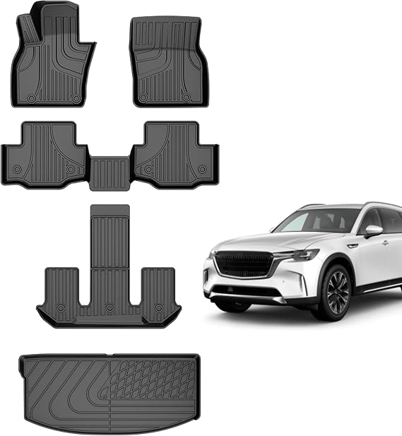 All Weather Custom Floor Mats Compatible with 2024 2025 Mazda CX-90 & CX-90 PHEV (6&7 Seats with 2nd Row Bench Seat or Bucket Seat), Full Set Car Mats TPE Material CX90 Accessories(Not Fit 8 Seater)