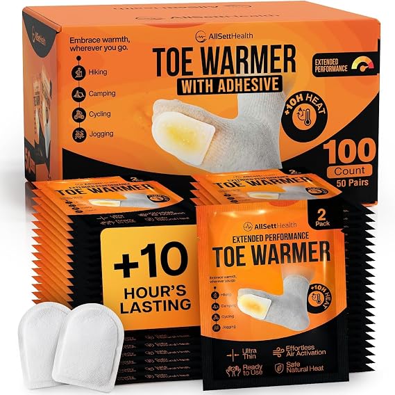 Toe Warmers for Feet 50 Pairs (100 Warmers) | 10+ Hour Self-Adhesive Feet Warmers, Foot Warmers Bulk, Ultra-Thin Disposable Heat Pads for Shoes & Boots