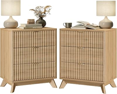 30 Tall Fluted NightStand,3 Drawers End Table with Charging Station,Modern Side Table with Storage, Night Stand Wood Bedside Tables for Bedroom,Curved Profile Design,Walnut
