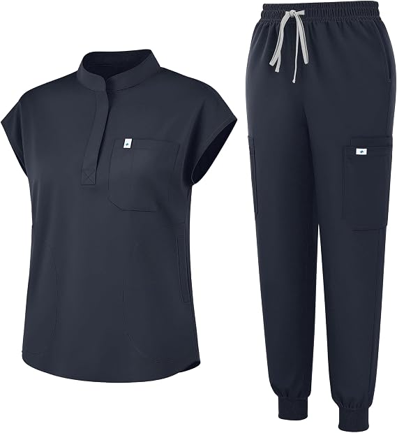 Scrubs for Women Set, Sleeveless Stand Collar Slim Top & Cargo Pant