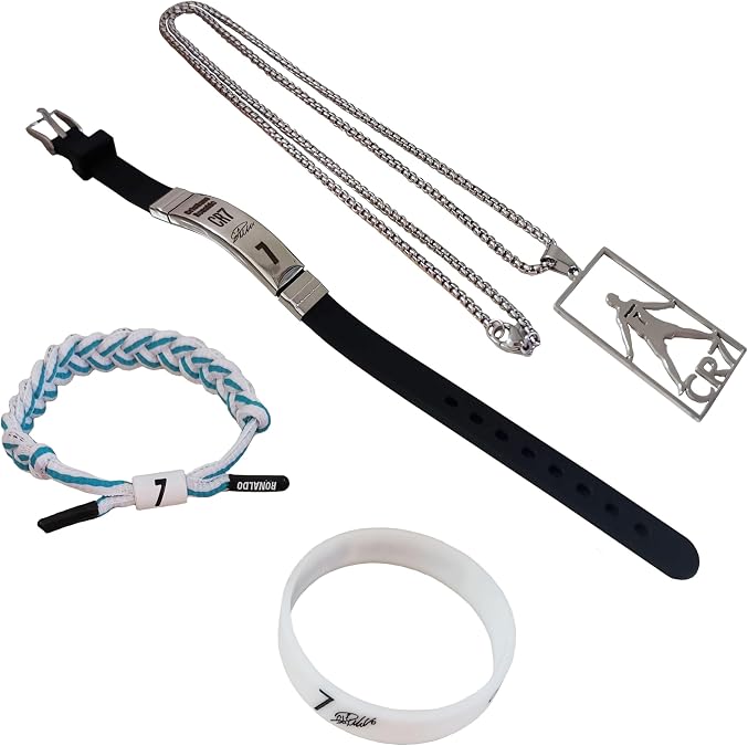 4 Pack Ronaldo-7 Necklace 24'' Number 7 Stainless Steel Soccer Chain Necklaces #7 Silicone Wristband Sport fans Braided Bracelets