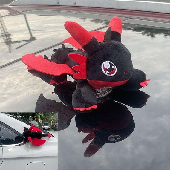Car Accessory Little Flying Dragon Plush, Car Exterior Cool Roof Decoration Toy, Ornamen Accessories with Suction Cup, Flying Dragon Stuffed Plush Animal with Movable Wings - Red Black 13 Icnh