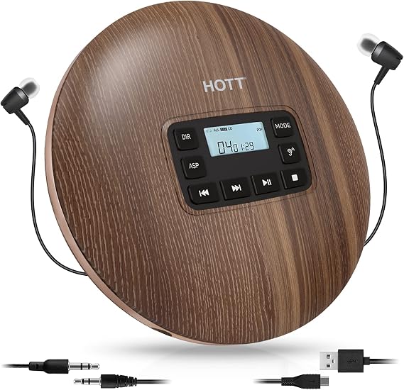 HOTT CD611 Portable CD Player for Home Travel and Car with Stereo Headphones, Anti-Shock,Wood Grain