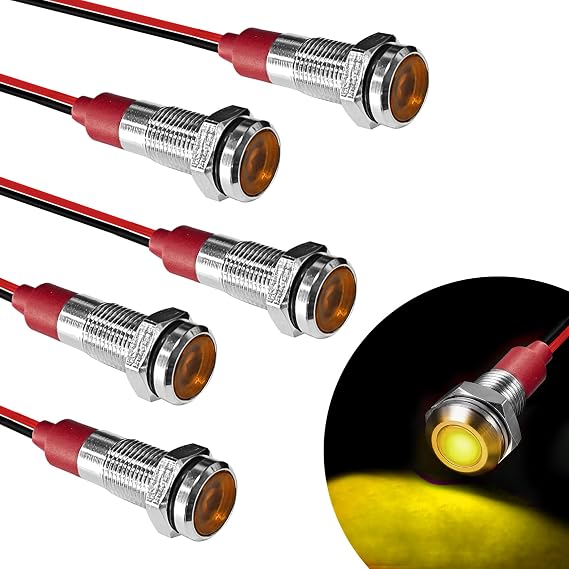 5PCS 6MM 1/4" LED Indicator Light, AC/DC 12-24V Waterproof IP66 Metal Signal Lamp, Metal Indicator with 145mm Wire, Automotive LED Indicator Light Replacement for Cars Trucks Boats (Yellow)