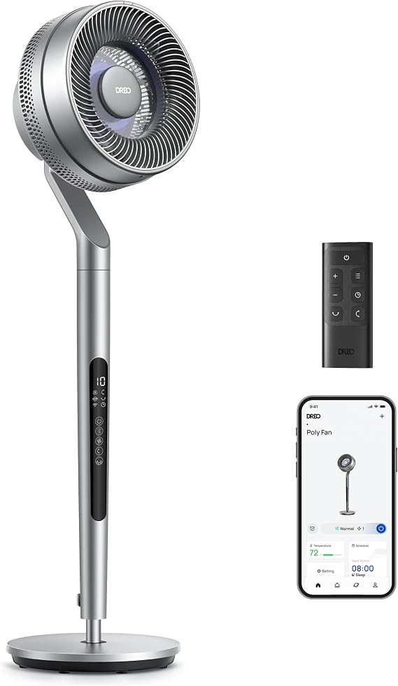 DREO Smart Pedestal Fan for Bedroom, Wi-Fi/Voice/Alexa Control, 6 Modes,10 Speeds, 12H Timer, 23dB DC Quiet Circulator Fan, 120+85 Oscillating Fans, 100ft, 40-44" Adjustable Height, Bright Silver