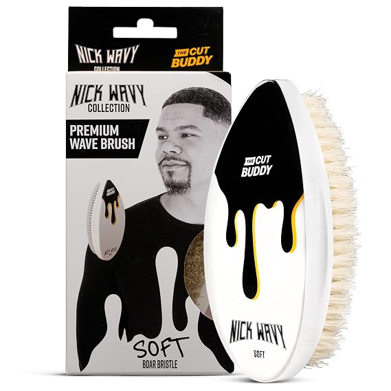 The Cut Buddy Nick Wavy Collection 360 Wave Brush, Medium-Soft Boar Bristles for Drag, Crown Detailing, Beard and Hair, Ergonomic Grip