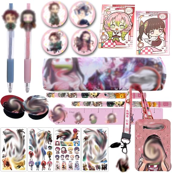 Anime Gift Set Include Pencil,Rollerball Pen, Ruler,Card Holder with Lanyard,Notebook,Tattoo Sticker,Phone Ring Holder,Button Pins