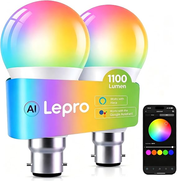 Lepro AI Smart Bulb, 10W 1100lm B22 Colour Changing Light Bulb, 2 Pack [Energy Class E]