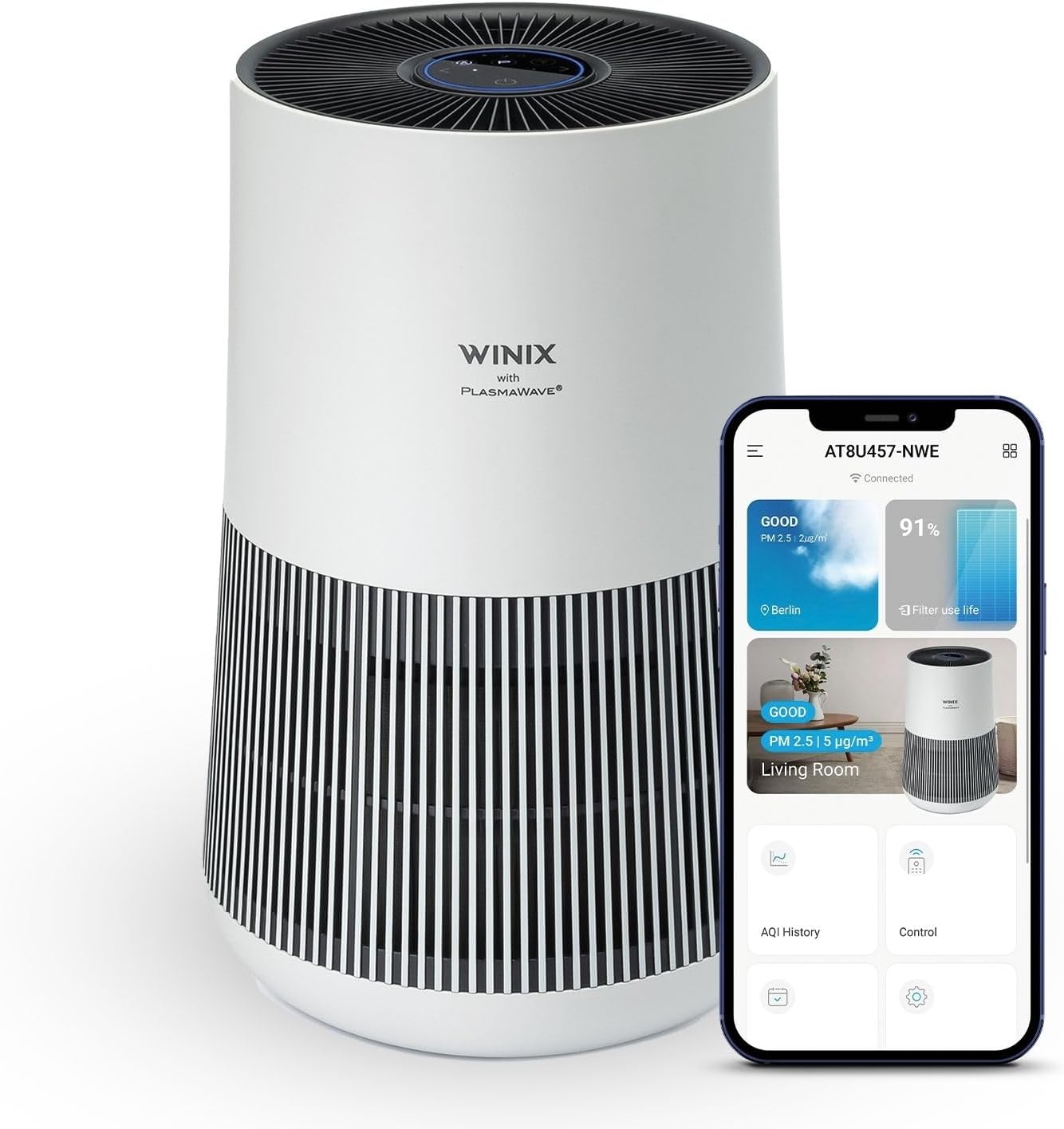 WINIX T500 WiFi hava temizleyici, alerjisi olanlar, CADR 250 m³/h, 50 ㎡, HEPA filtreli hava temizleyici, alerji, toz, polen, hayvan tüyleri, hava kalitesi geri bildirimi, Alexa modu