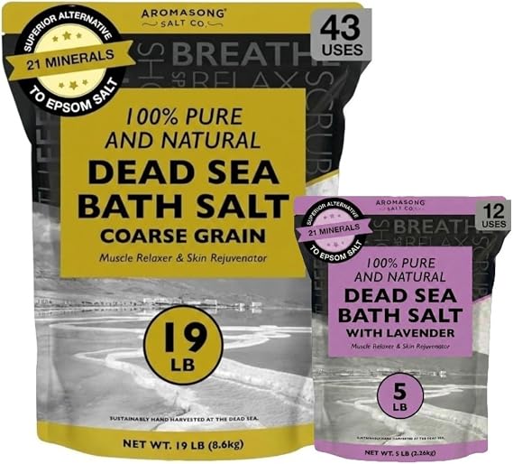 Aromasong Dead Sea Bath Salt 19 lb + Lavender Dead Sea Bath Salt 5 lb Coarse Grain, 100% Natural Minerals, Skin Softening, Relaxation, Muscle Relief & Spa-Quality Soak at Home
