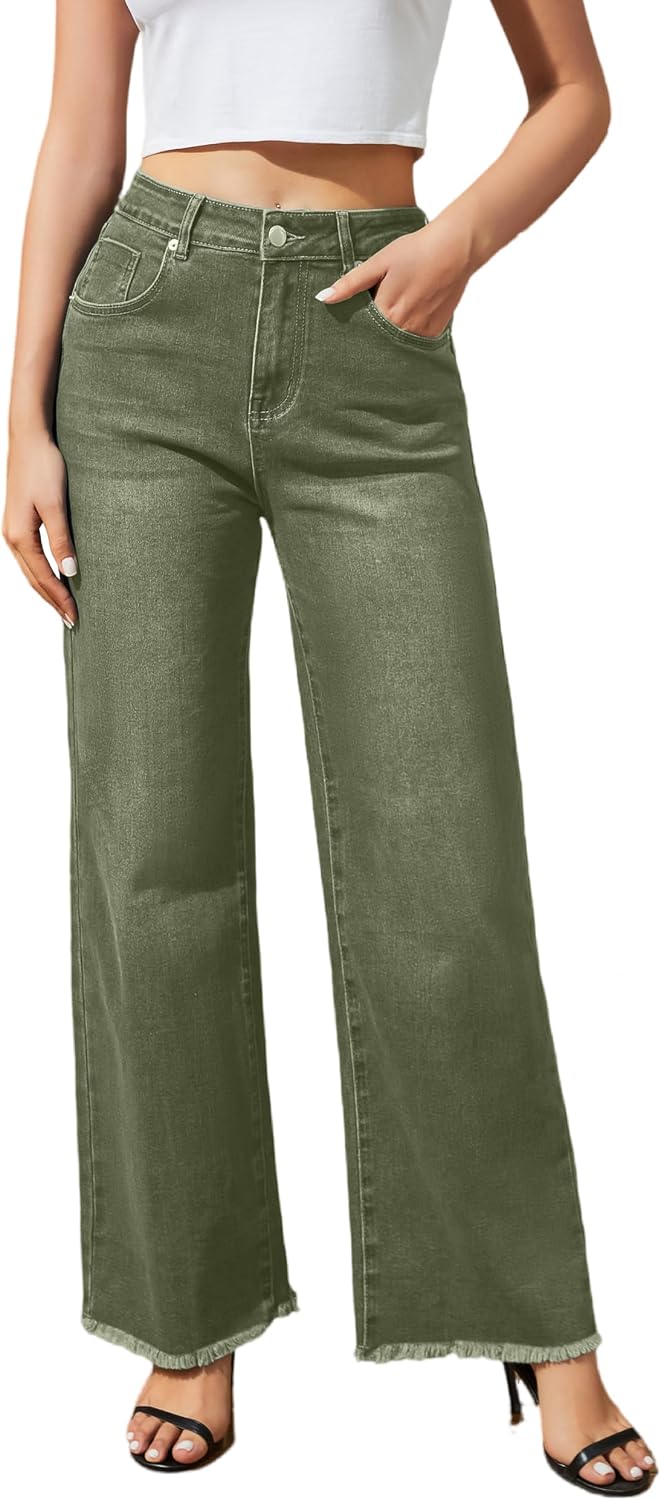 Womens Wide Leg Jeans High Waisted Strechy Jeans for Women Straight Raw Hem Loose Casual Denim