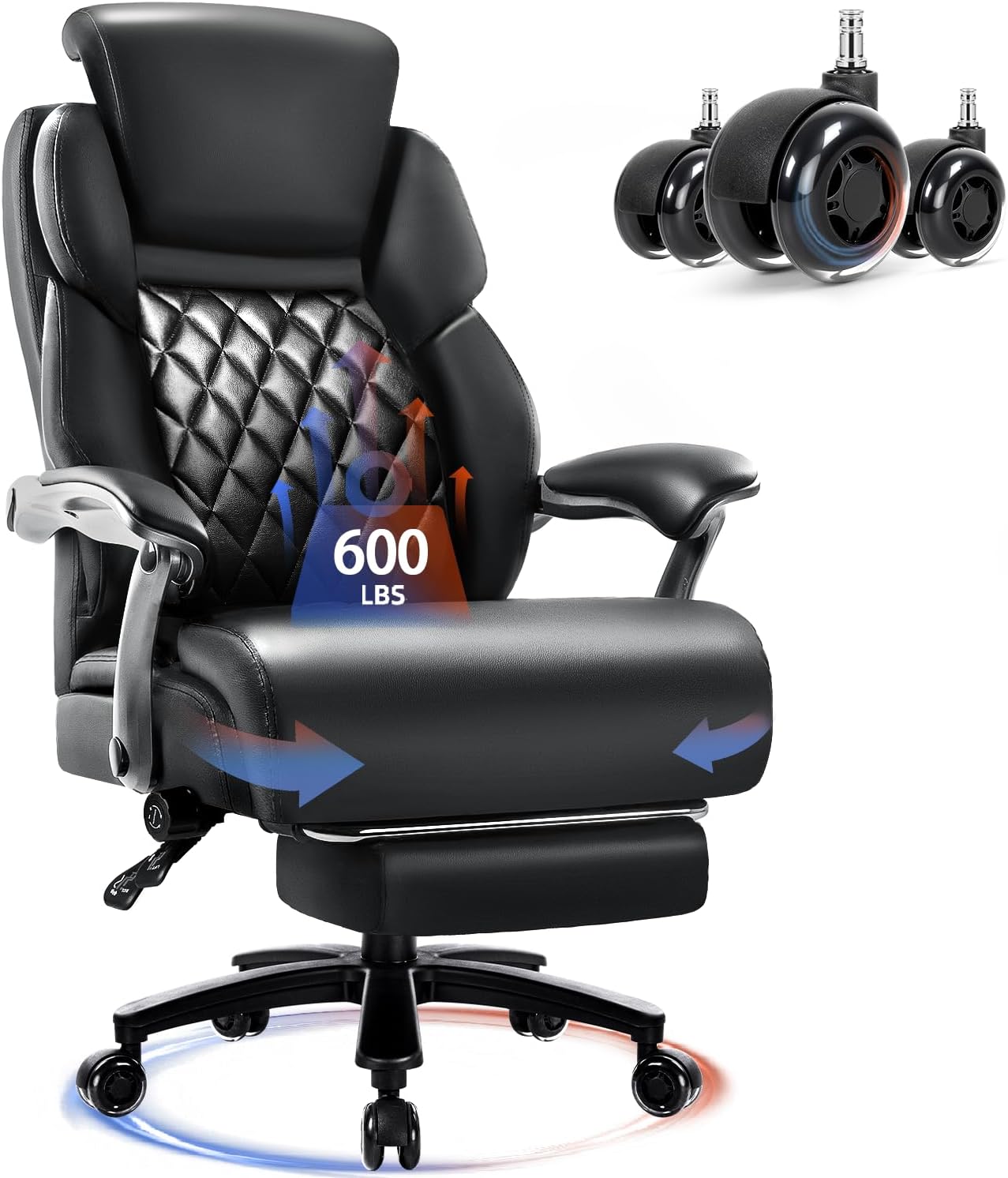 VITESSE 600lbs Big and Tall Office Chair with Foot Rest and Lifting Headrest,Large Heavy Duty Chair with Adjustable Lumber Support,Executive Office Chair,Leather Chair for Heavy People Black