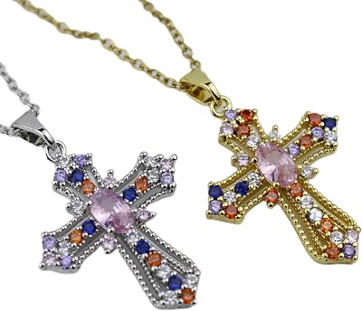 2-PCS Multi-Color Stainless Steel Cross Pendant Necklace with Zircon Crystals, 25mm x 20mm, Gold and Silver Chain