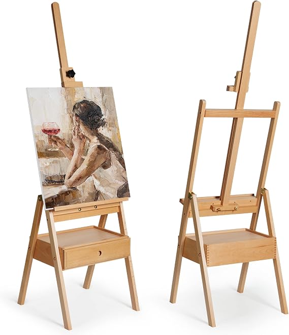 ARTIFY Large Wooden H-Frame Studio Easel with Artist Storage Drawer and Shelf, Sturdy Beechwood Canvas Holder Stand, Adjustable to 75" High