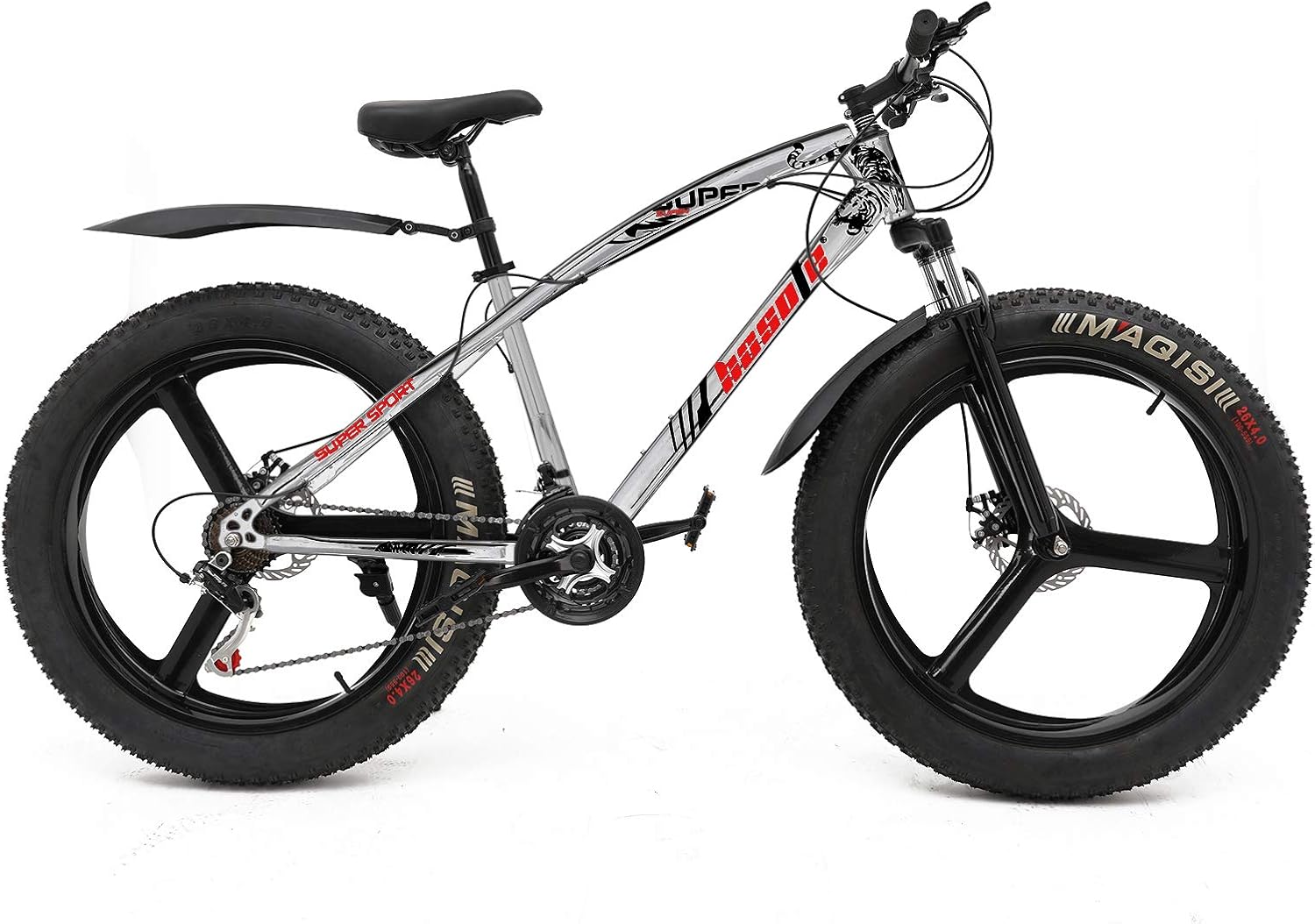 hosote Fat Tire Bike for Men, 26 Inch Shimano 21 Speed Mountain Bike, 4 inch Wide Tire Beach Snow Mountain Bicycle, Suspension Fork Dual Disc Brakes MTB with 3 Spoke Wheel