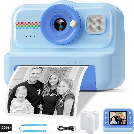 HiMont Kids Camera Instant Print, 1080P Instant Print Camera for Kids with 32GB Card & 3 Rolls Paper, Selfie Digital Camara, Funny Toys Gifts for Boys & Girls Age 3-12 (Blue)