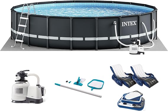 INTEX Ultra XTR 26ft x 52in Above Ground Swimming Pool Set Bundle | 26345VM - 2800 GPH Sand Filter Pump, Ladder, Pool Cover & Ground Cloth with Inflatable Lounge Recliners (2-Pack) & Cooler