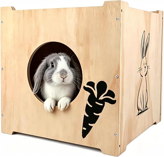 Wooden Rabbit Hideout | 12.6x12.6 Inch Bunny Houses| Indoor & Outdoor Cozy Small Animal House for Rabbits, Guinea Pigs, Chinchillas | Hideaway Hut, Bed & Playground