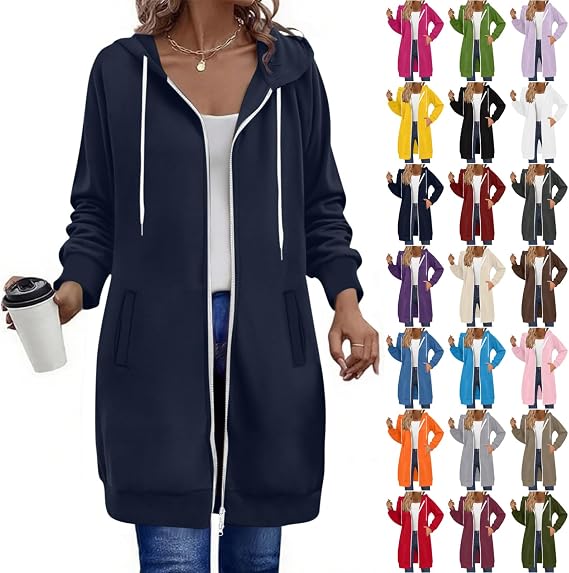 Long Hoodies for Women Full Zip Up Pullover Tunic Sweatshirts with Pockets