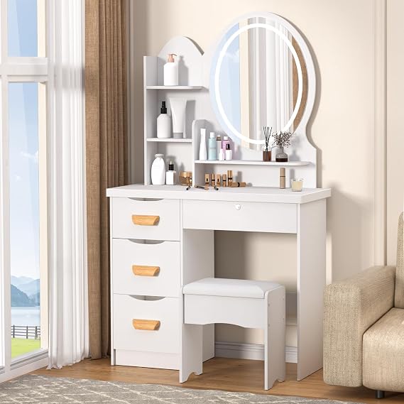 White Large Vanity Table,Makeup Vanity Desk Set with 4 Drawers,Bedroom Dressing Table with Brightness Adjustment 3-Colored Light,Large Storing Space Stable Structure (White-B)