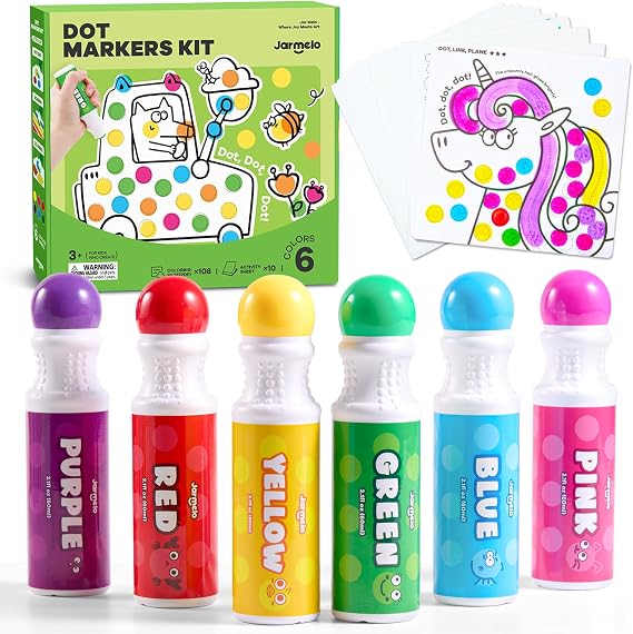 Jar Melo Washable Dot Markers for Toddlers, 6 Colors, Large 60ML | Dot Paints with 120+ Printed Coloring PDF & 10 Activity Papers, Non-Toxic Bingo Markers for Kids Arts and Crafts Gifts