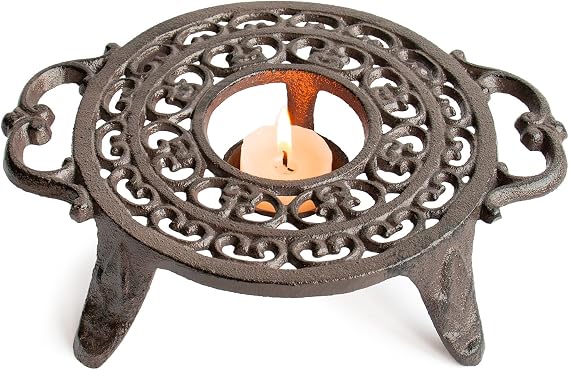 9 Inches Cast Iron Teapot Warmer Dish Cups Trivet,Round-Shaped Double Eared Design with Tealight Holder - Heavy Duty & Decorative Candle Holder Stands for Heat Food Coffee Milk or Tea