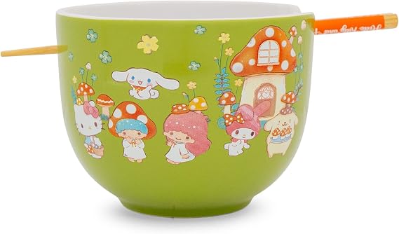 Silver Buffalo Sanrio Hello Kitty and Friends Mushroom Crew Ceramic Dinnerware Set | Includes 20-Ounce Ramen Noodle Bowl and Wooden Chopsticks | Asian Food Dish Set For Home & Kitchen