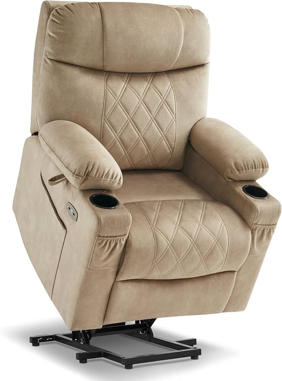 MCombo Small Size Triple Motor Power Lift Recliner Chair Sofa with Massage and Dual Heating, Adjustable Headrest for Elderly People Petite, USB Ports, Extended Footrest, Fabric 7222 (Beige)