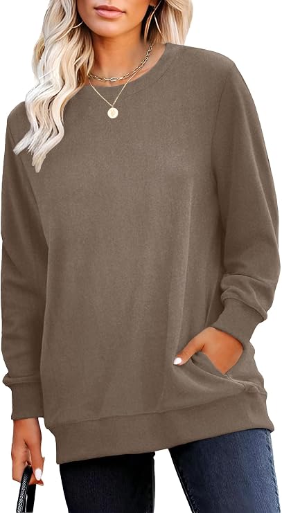 RUMIA Crewneck Fall Sweatshirt for Women Plain Long Sleeve Top with Pocket