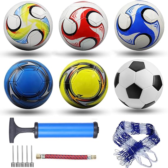 6 Pack Classic Soccer Balls Size 5 with Pump and Net Bag - Training and Practice for Adults, Indoor and Outdoor Competition