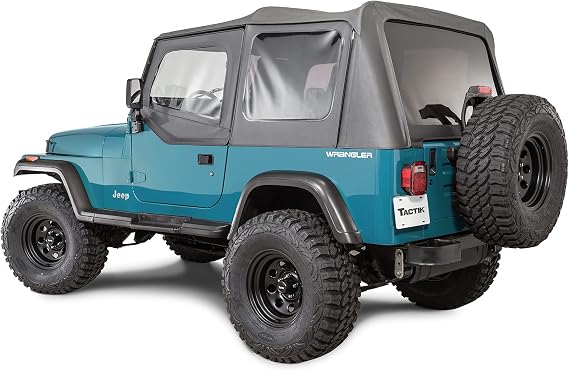 TACTIK Fabric Only Replacement Soft Top - Fits Jeep Wrangler 1988-1995 YJ - Custom-Fit Fabric Roof with Removable Side and Back Window (With Door Skins, Black Denim)