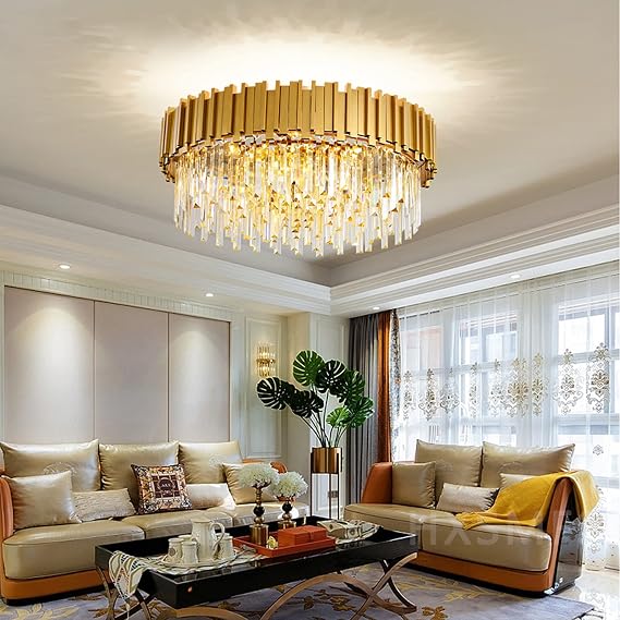 Luxury E14 Crystal Chandelier,2 in 1 Chandeliers Ceiling Light,Gold Ceiling Lights Living Room,Round Lampshades 3 Tiers K9 Crystals Pendant Light (55 * 55 Cm Gold) [Energy Class F]