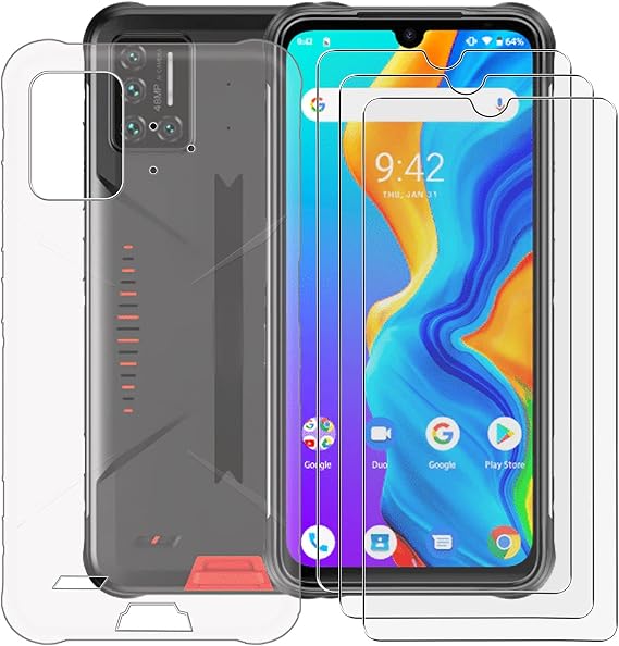 3 Pack Tempered Glass Film + Cover for Umidigi Bison Pro [6.30"], Screen Protector and Soft Silicone Case Bumper Shell Transparent Protective TPU Cases -Clear