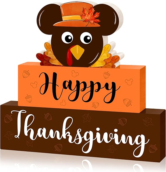 Thanksgiving Table Signs Decorations, Mouse Shaped Turkey Wooden Blocks Table Decor, Happy Thanksgiving Harvest Autumn Fall Wood Decorative Signs for Home Tabletop Tiered Tray Shelf Decor 3 Layered