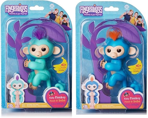 Fingerlings - Interactive Baby Monkey for Kid's Toy - 2 Pack Zoe (Turquoise with Purple Hair and Boris (Blue with Orange Hair)